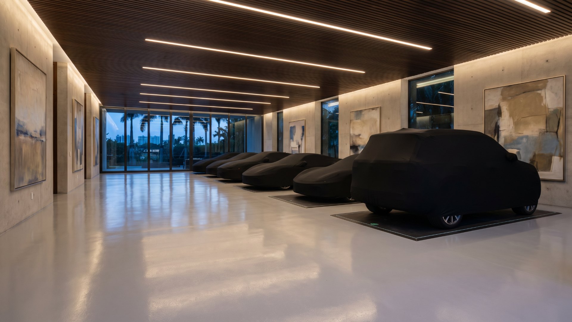 Private collector garage with cars under fitted covers, each parked over a wireless charging floor plate