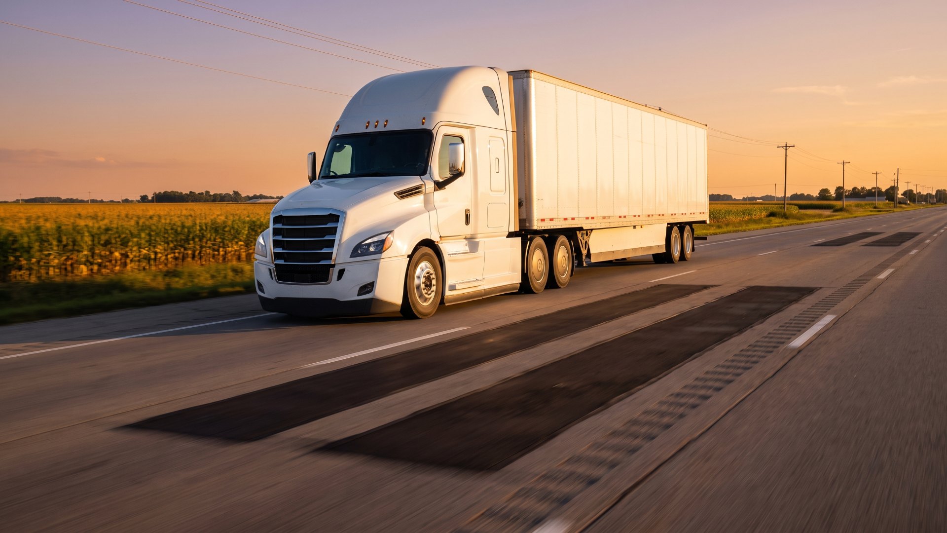 Electric semi truck on a rural highway lane with embedded charging segments at sunset