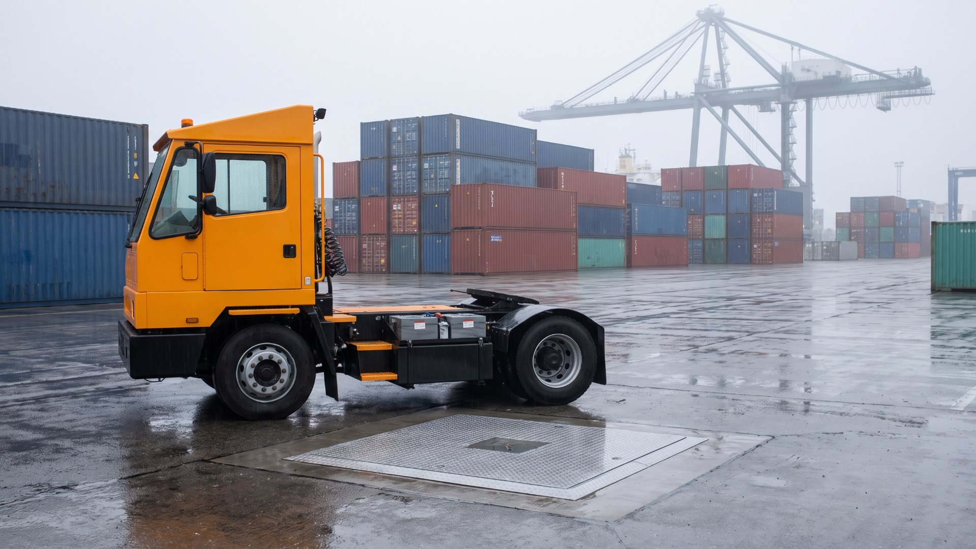 Electric terminal yard tractor next to a flush wireless charging pad at a container port