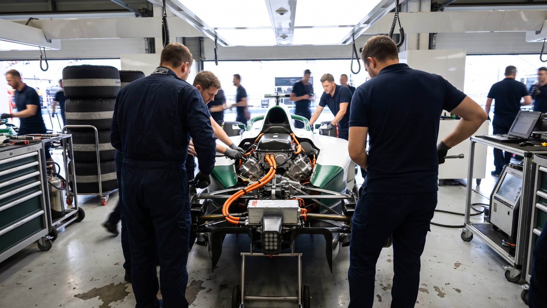 Mechanics working on the exposed V8 and hybrid system of a Formula 1-style car in a team garage