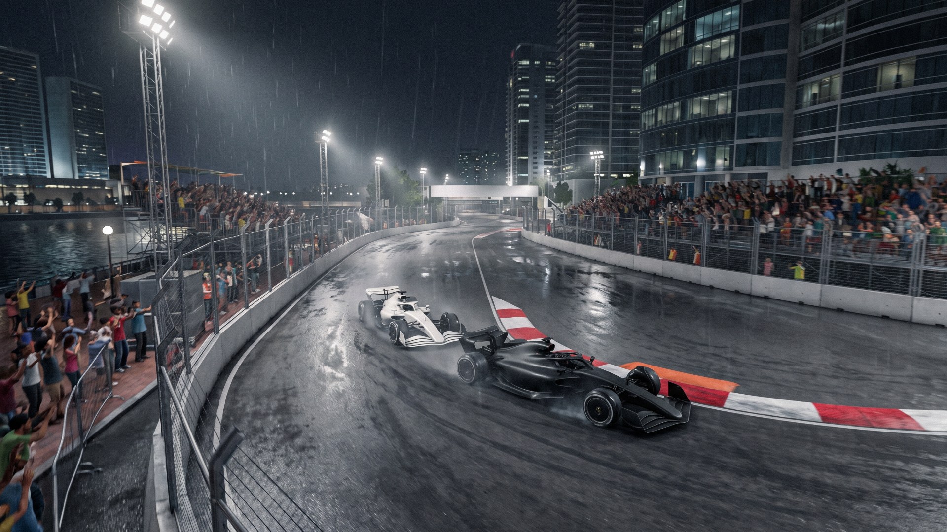 Two Formula 1-style cars racing on a wet city street circuit at night, the kind of venue where noise limits apply