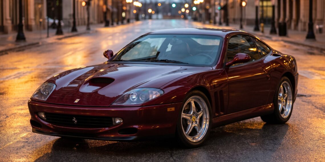 Rosso Barchetta Ferrari 550 Maranello photographed from a low front three-quarter angle on a wet city street at dusk