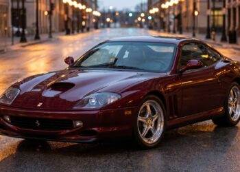 Rosso Barchetta Ferrari 550 Maranello photographed from a low front three-quarter angle on a wet city street at dusk