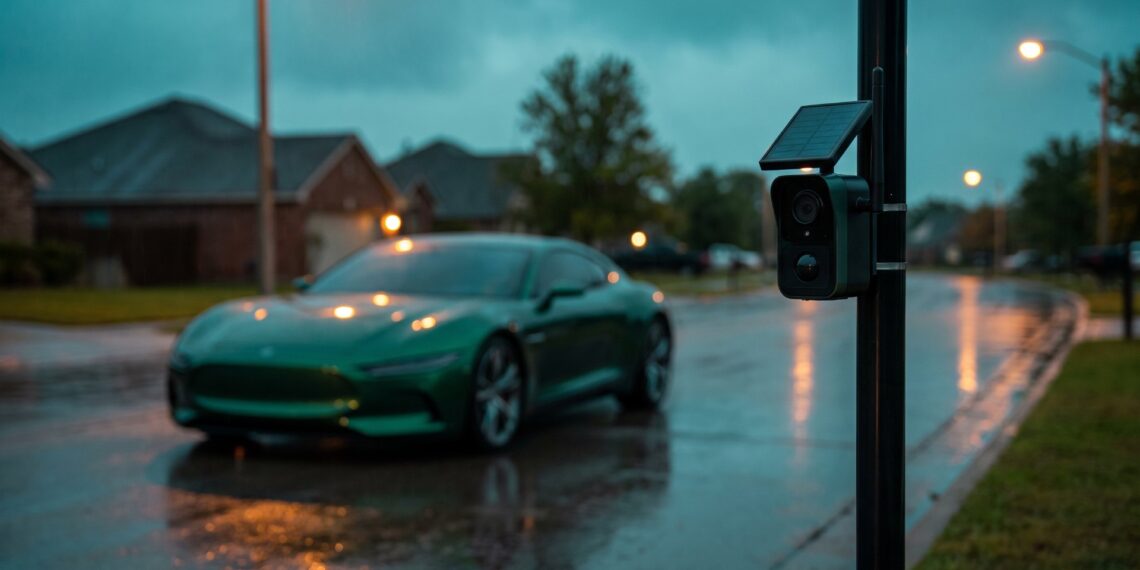 Solar-powered automated license plate reader camera on a roadside pole with a green sports coupe waiting at a wet suburban intersection at dusk