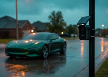 Solar-powered automated license plate reader camera on a roadside pole with a green sports coupe waiting at a wet suburban intersection at dusk