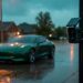 Solar-powered automated license plate reader camera on a roadside pole with a green sports coupe waiting at a wet suburban intersection at dusk