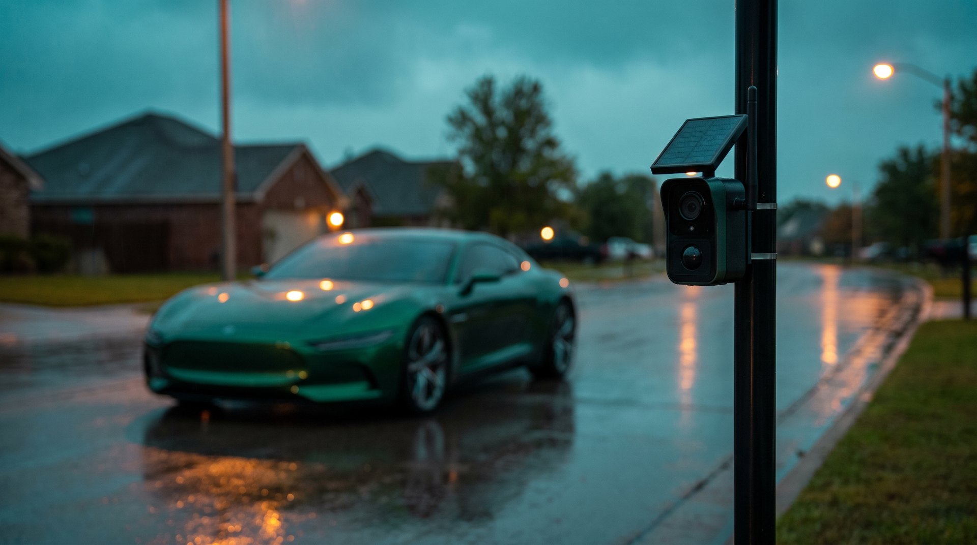 Solar-powered automated license plate reader camera on a roadside pole with a green sports coupe waiting at a wet suburban intersection at dusk