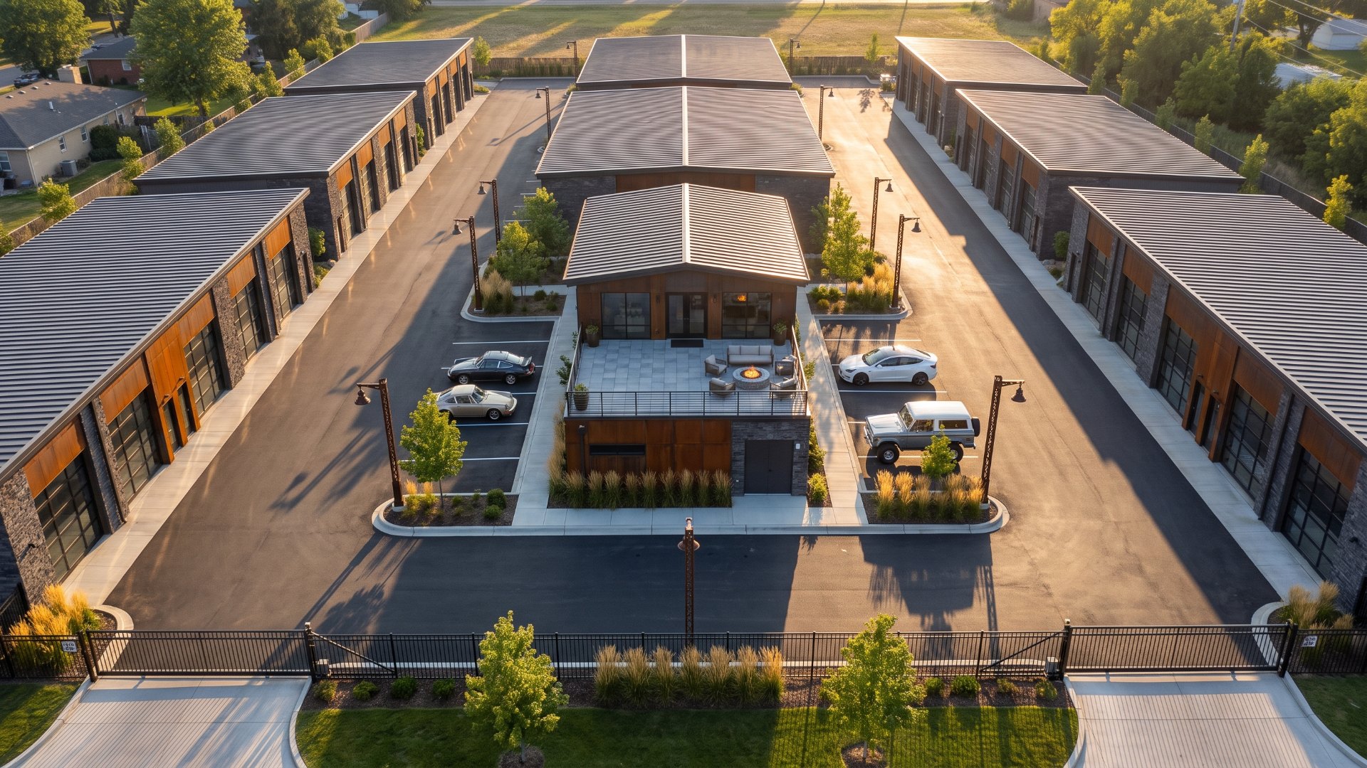 Aerial view of an upscale garage condo campus with wide drive aisles and a central clubhouse, the dominant format in the 2026 garage condo market
