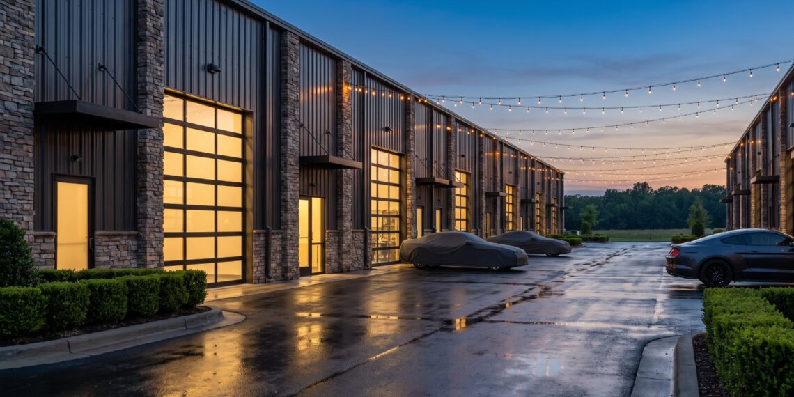 Row of modern garage condo units with tall glass overhead doors lit from within at dusk