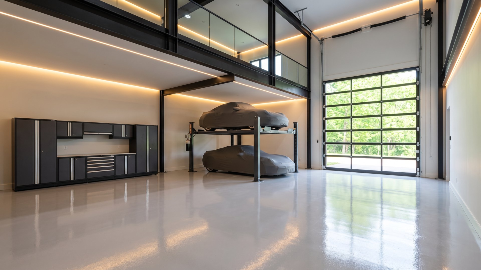 Finished garage condo interior with a two-post car lift, steel mezzanine and two covered cars