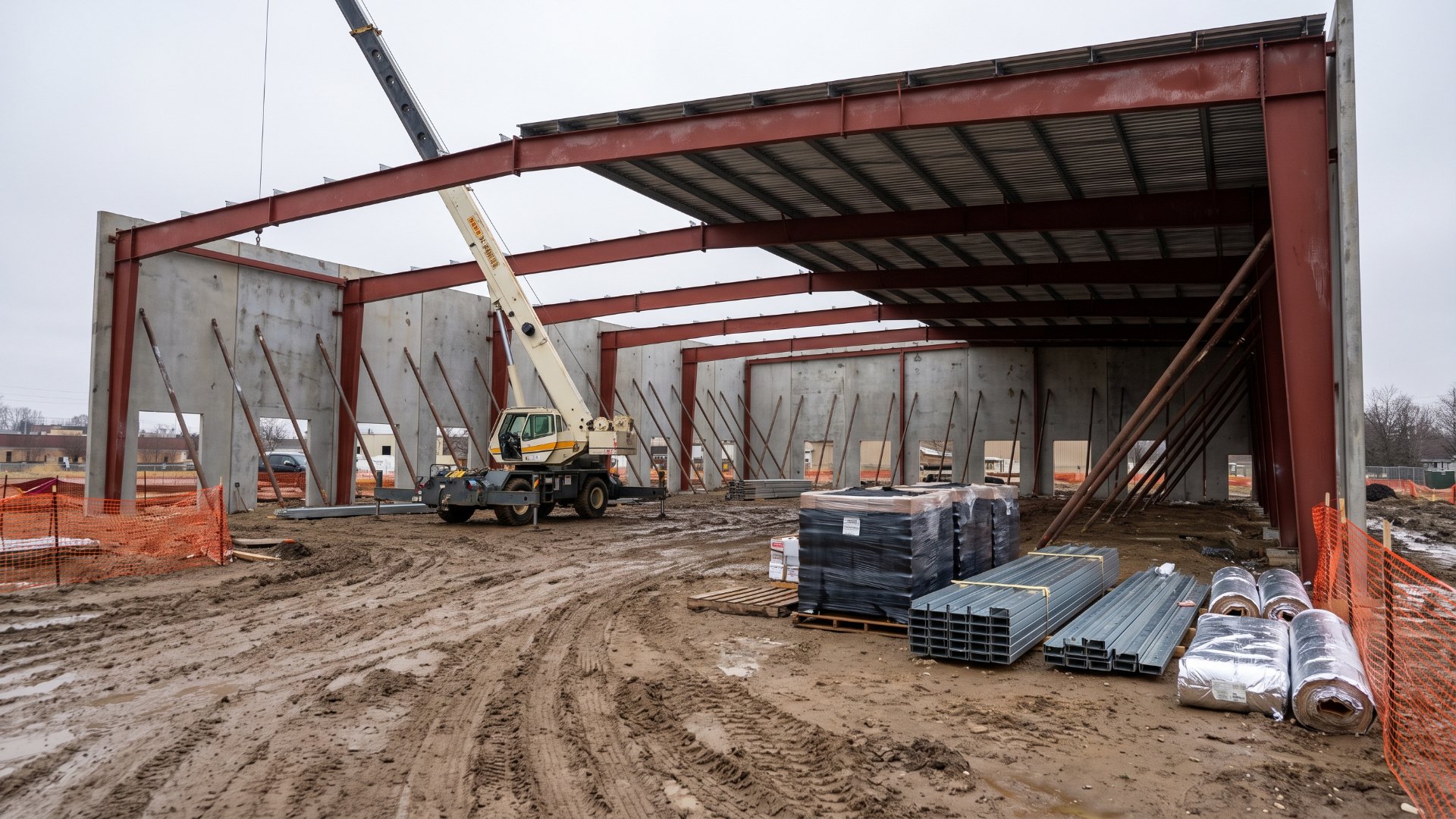 Garage condo building under construction with red steel frame, tilt-up concrete panels and a mobile crane