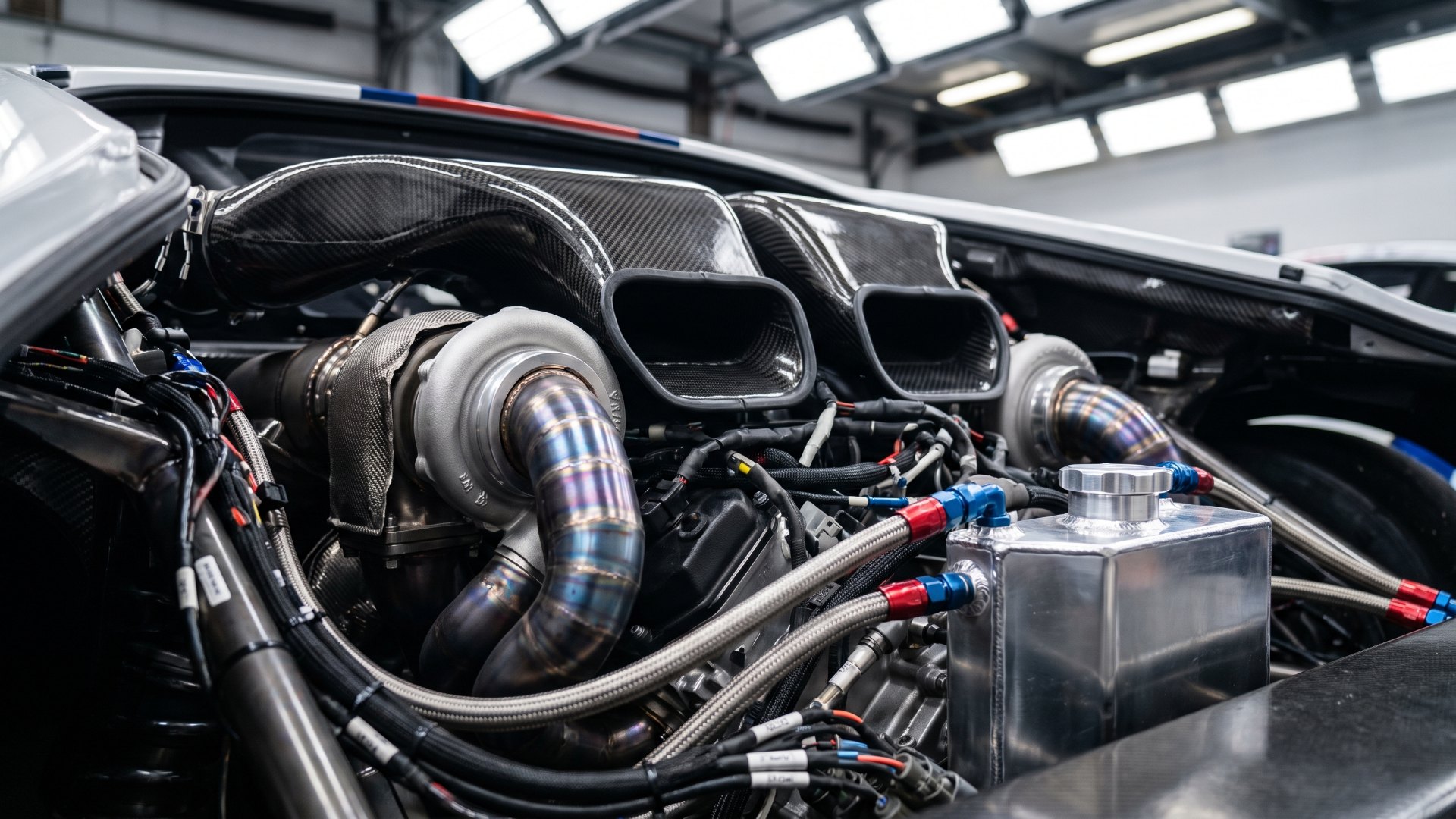 Lamborghini Temerario GT3 twin-turbo V8 engine bay with turbochargers and titanium exhaust manifolds