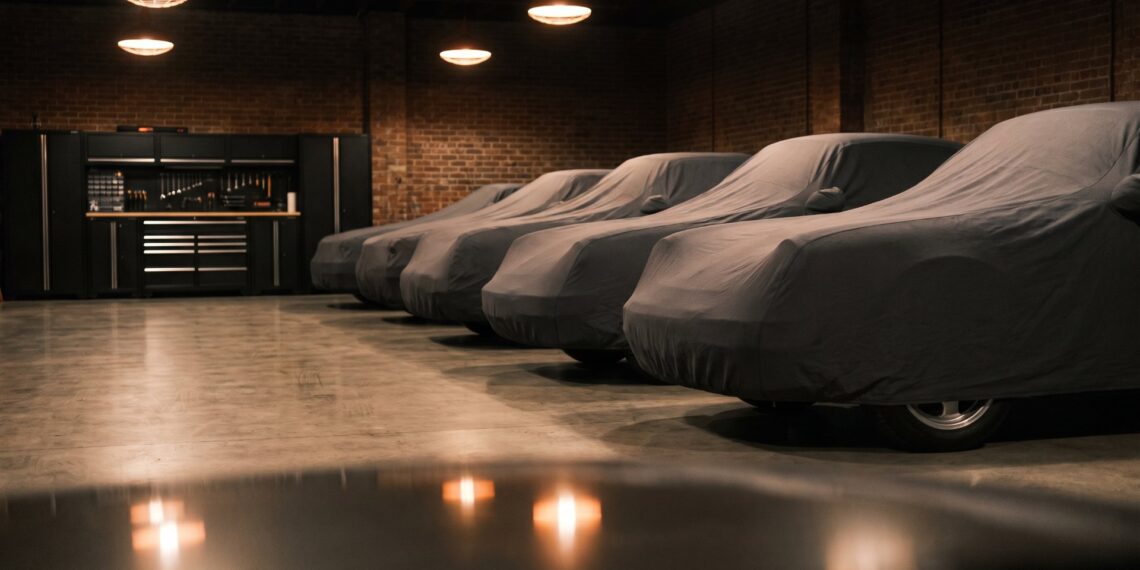 A row of collector cars under fitted covers in a private garage, the kind of agreed-value coverage Hagerty insurance is built around