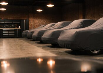 A row of collector cars under fitted covers in a private garage, the kind of agreed-value coverage Hagerty insurance is built around