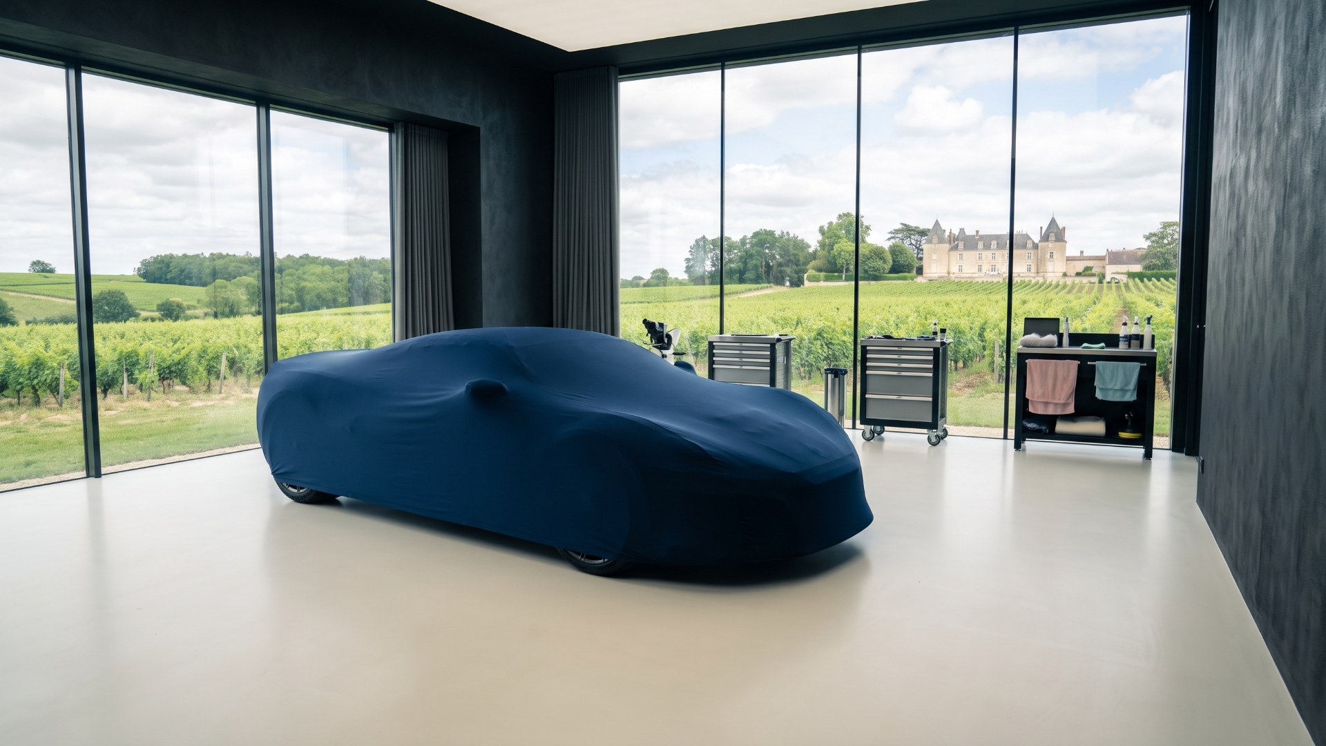 A hypercar under a fitted dark blue cover in a glass-walled atelier overlooking vineyards and a château, evoking Bugatti Rimac’s new La Manufacture atelier in Molsheim. AI-generated editorial visualization, not a photograph.