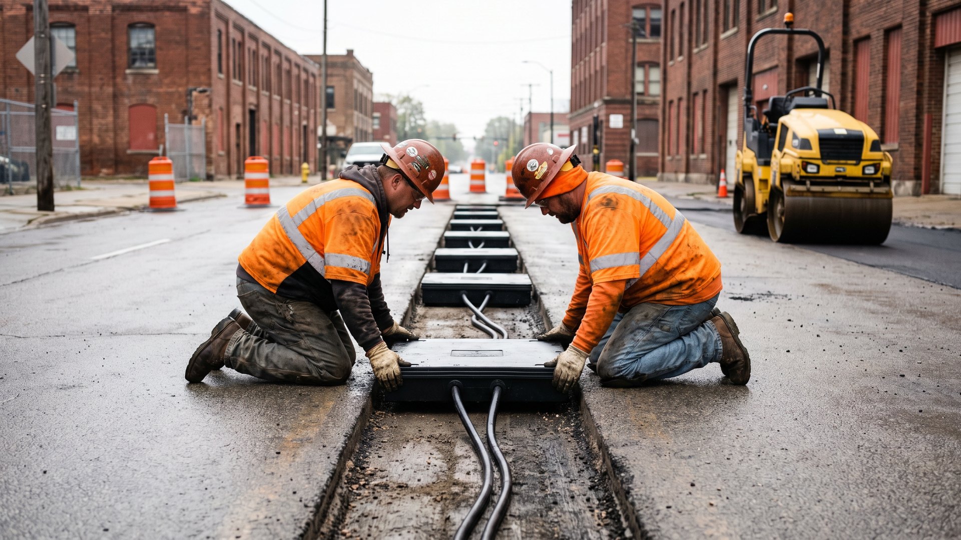 Road workers laying induction charging coil units into a trench cut into a city street lane