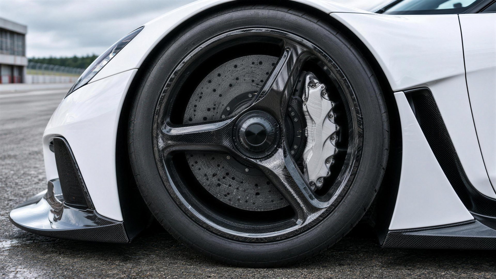 Three-spoke hollow carbon fibre wheel and drilled carbon-ceramic brake disc with a multi-piston caliper on a white hypercar