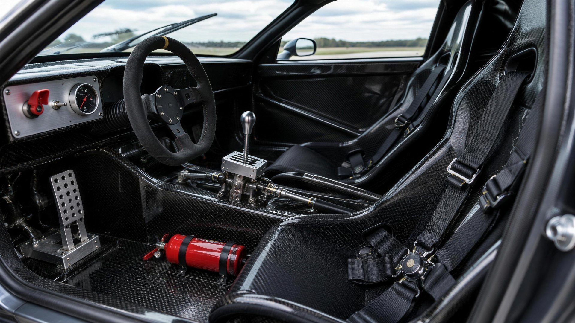 Stripped carbon fibre hypercar cockpit with an open-gate manual shifter, clutch pedal, six-point harnesses and a floor-mounted fire extinguisher