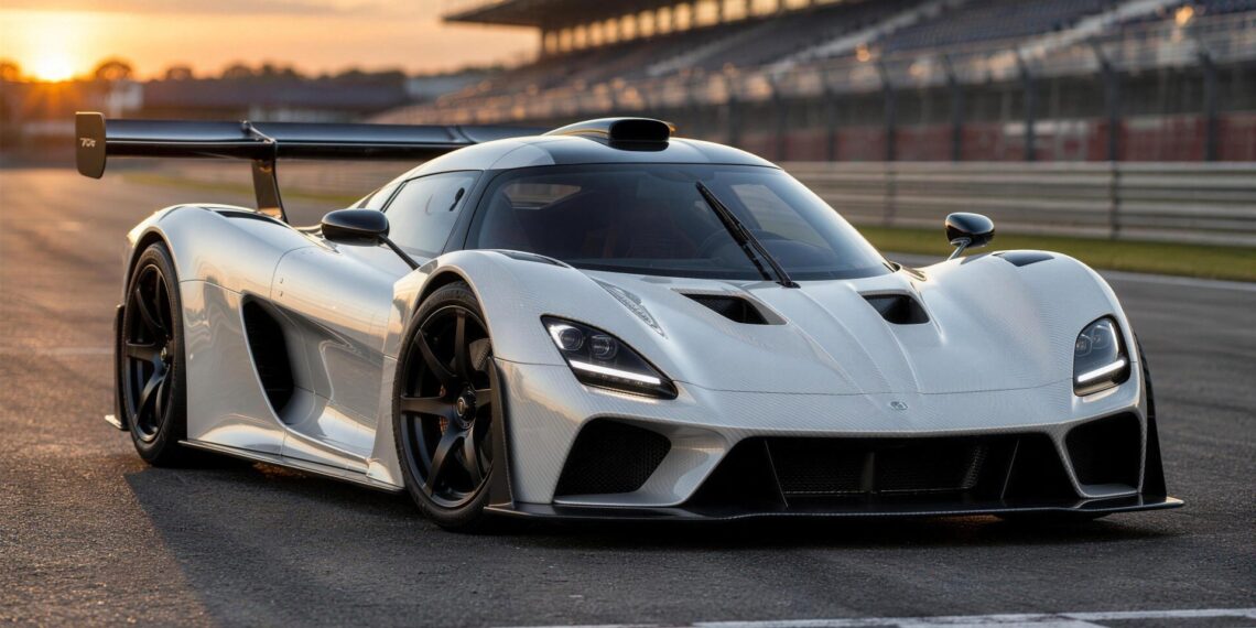 Low white track-focused hypercar with a full-width rear wing, seen from the front three-quarter angle on a racing circuit at sunset