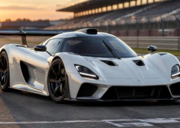 Low white track-focused hypercar with a full-width rear wing, seen from the front three-quarter angle on a racing circuit at sunset