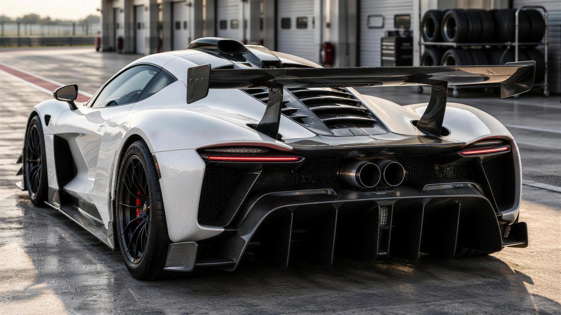Rear three-quarter view of a white track hypercar showing a large active rear wing, rear diffuser and centre-exit exhausts