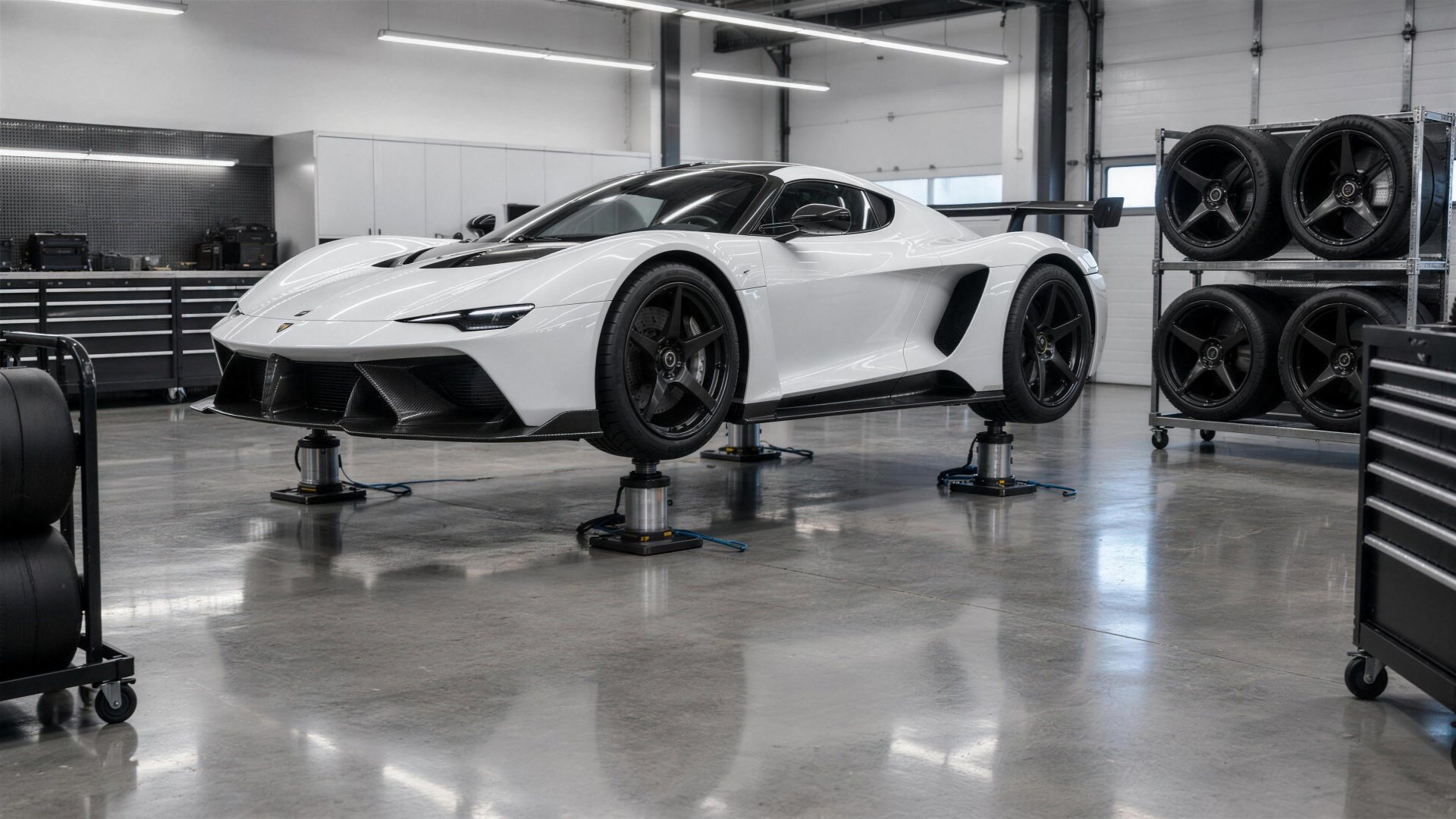 White track hypercar raised on four pneumatic air jacks in a race garage beside a rack of spare wheels on slick tyres