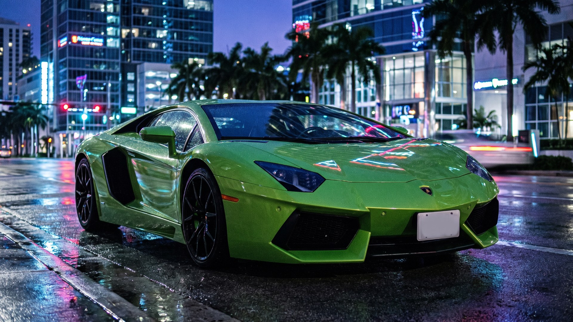 Green Lamborghini Aventador LP 700-4 parked on a wet downtown Miami street at night