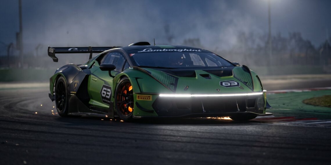 Lamborghini Temerario GT3 braking into a corner at dusk with glowing brake discs
