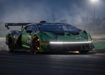 Lamborghini Temerario GT3 braking into a corner at dusk with glowing brake discs
