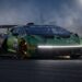 Lamborghini Temerario GT3 braking into a corner at dusk with glowing brake discs