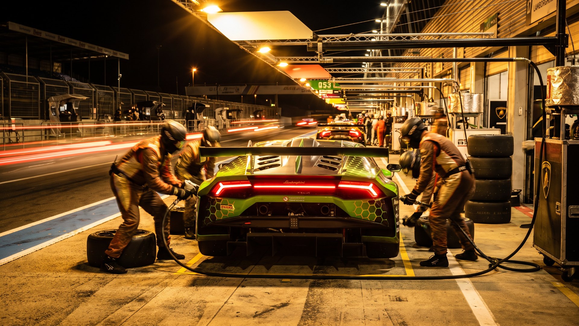 Night endurance racing pit stop with crew changing wheels on a Lamborghini GT3 race car