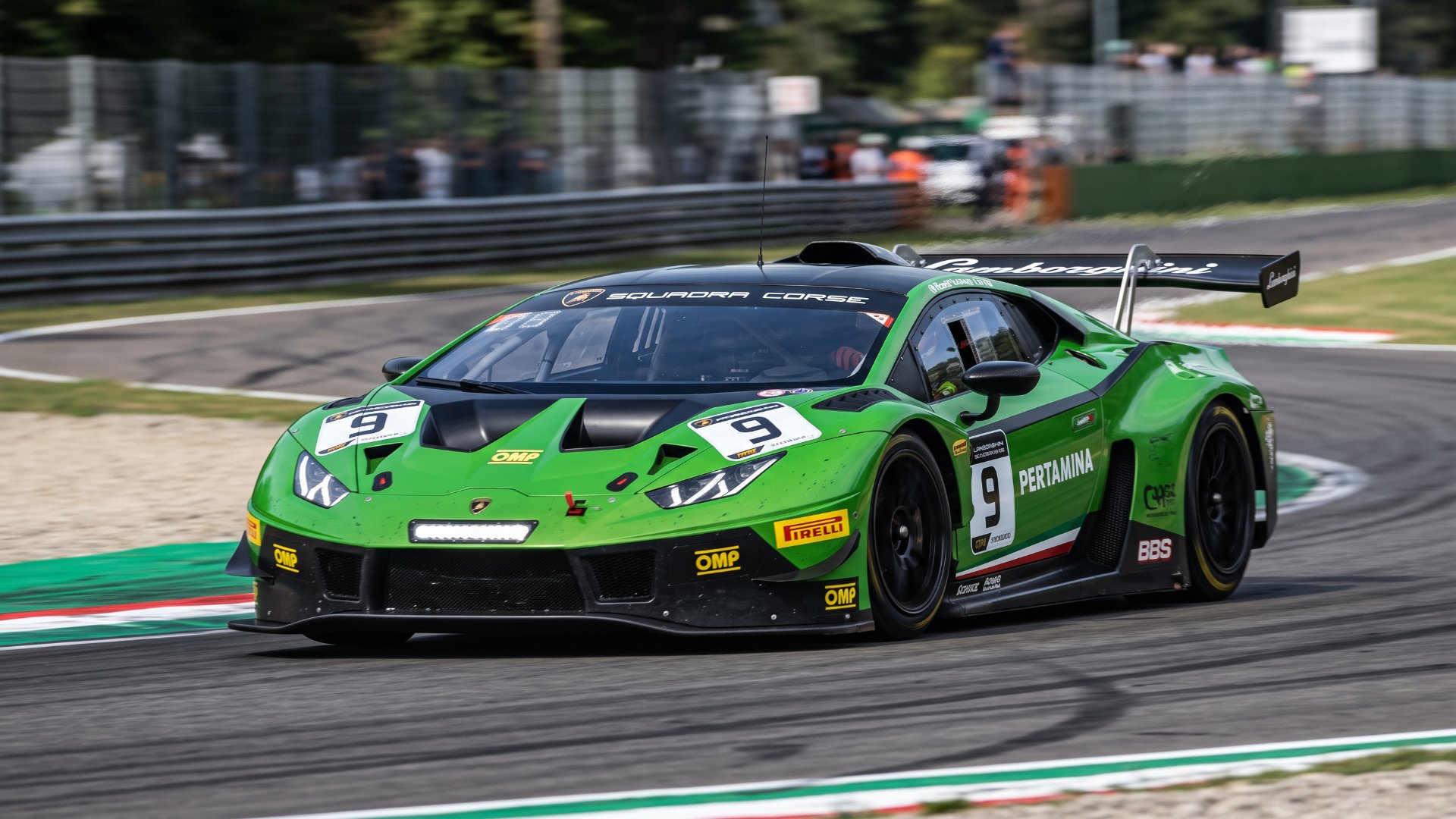 Lamborghini Temerario GT3 endurance racing car at speed on a permanent road circuit