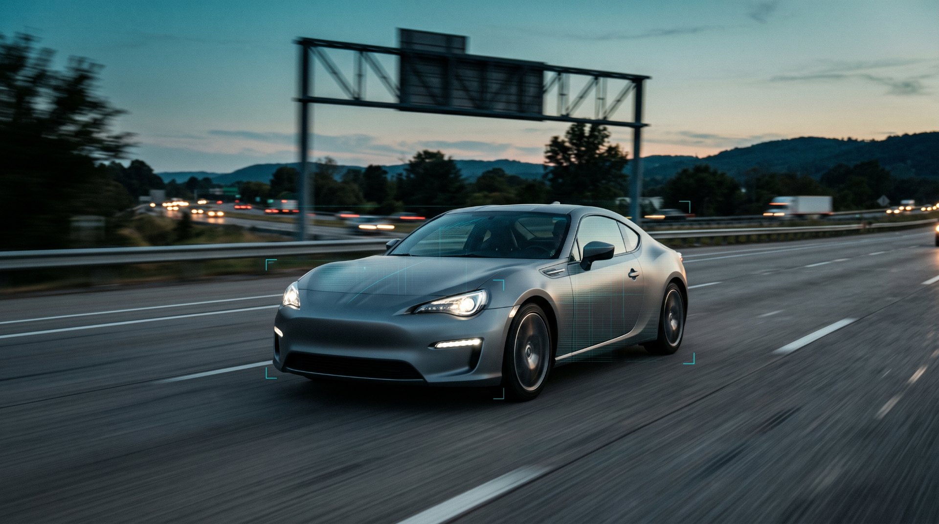 A silver sports coupe travelling on a highway at dusk with faint machine-vision scan lines and tracking brackets overlaid on the car