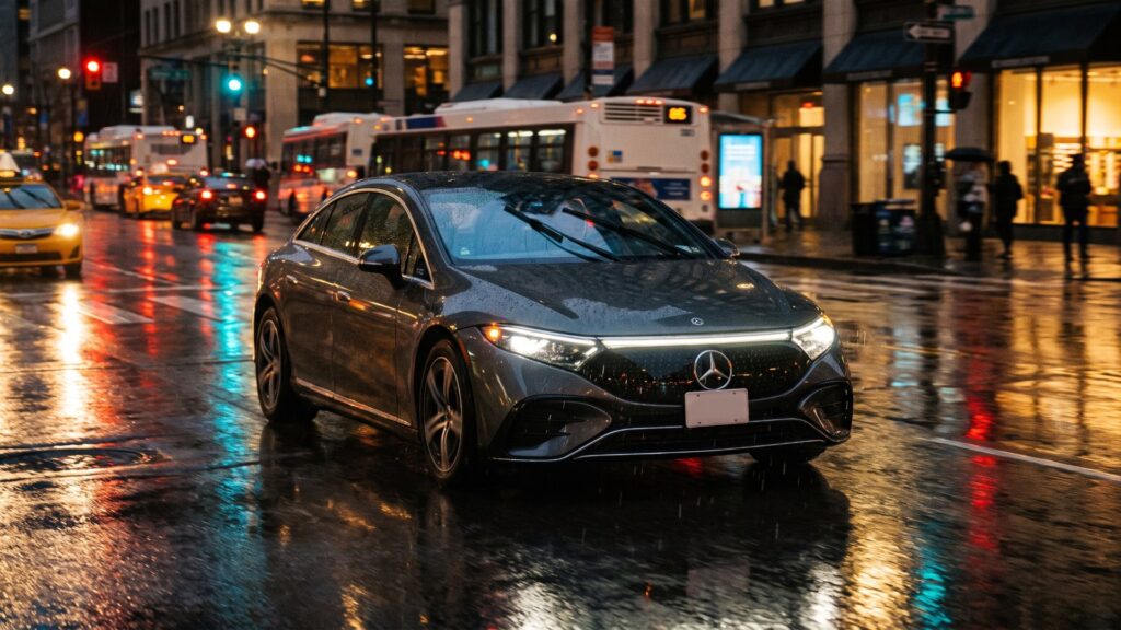 Graphite Mercedes-Benz CLA electric sedan driving through a rain-soaked city intersection at night