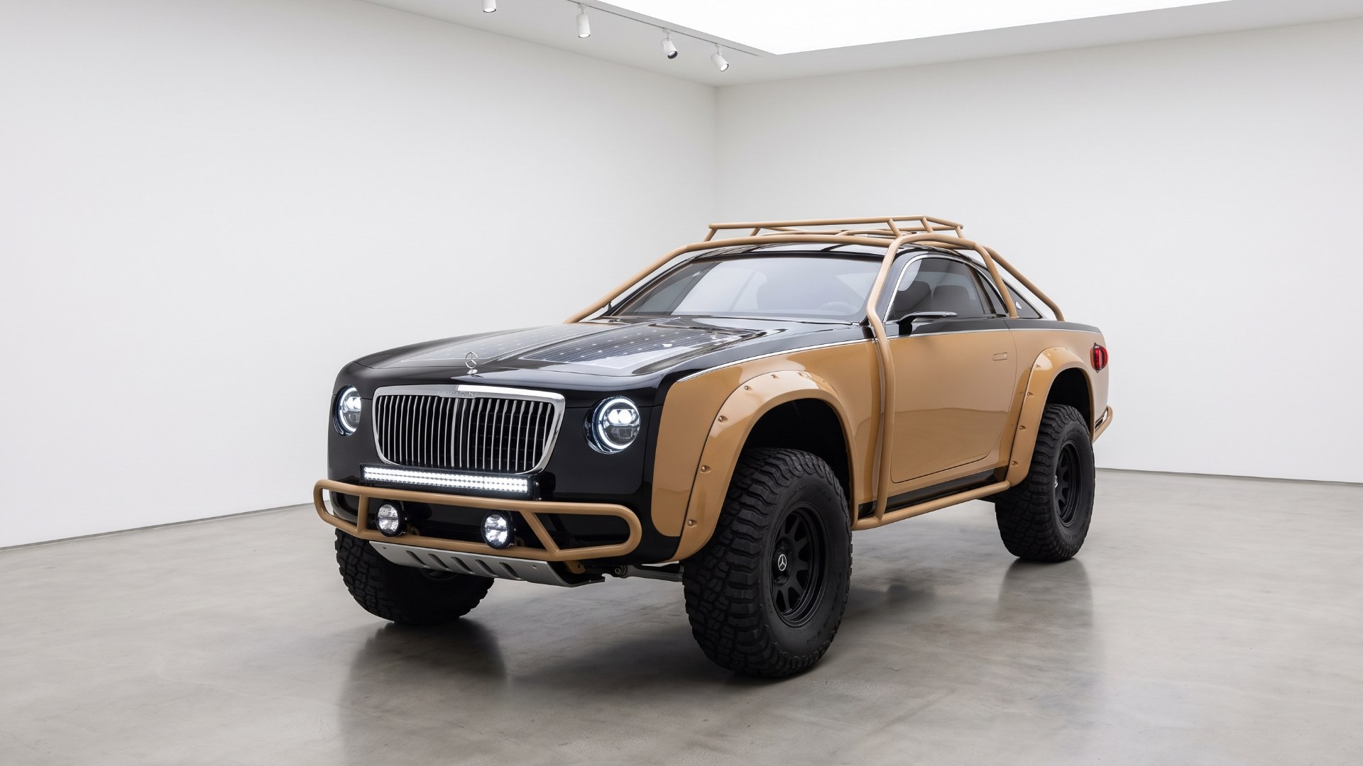 Two-tone black and tan Project MAYBACH off-road coupe concept displayed in a white gallery