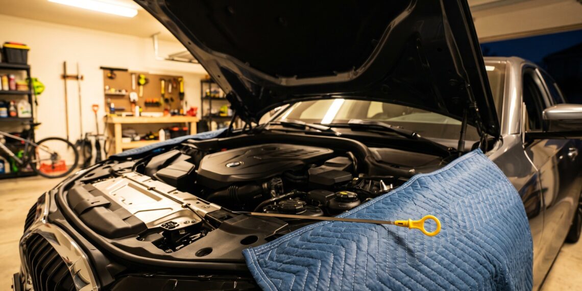 Modern sedan engine bay under plastic covers, with a loose oil dipstick resting on a fender cover