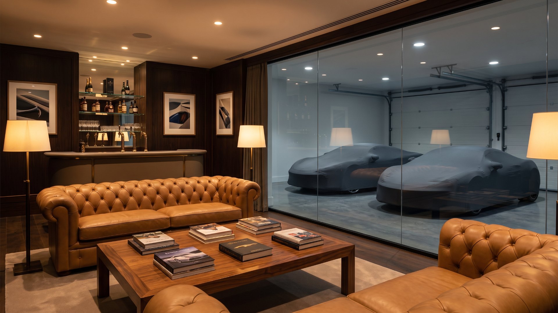 Leather-furnished private car club lounge with a glass wall looking into a lit garage bay
