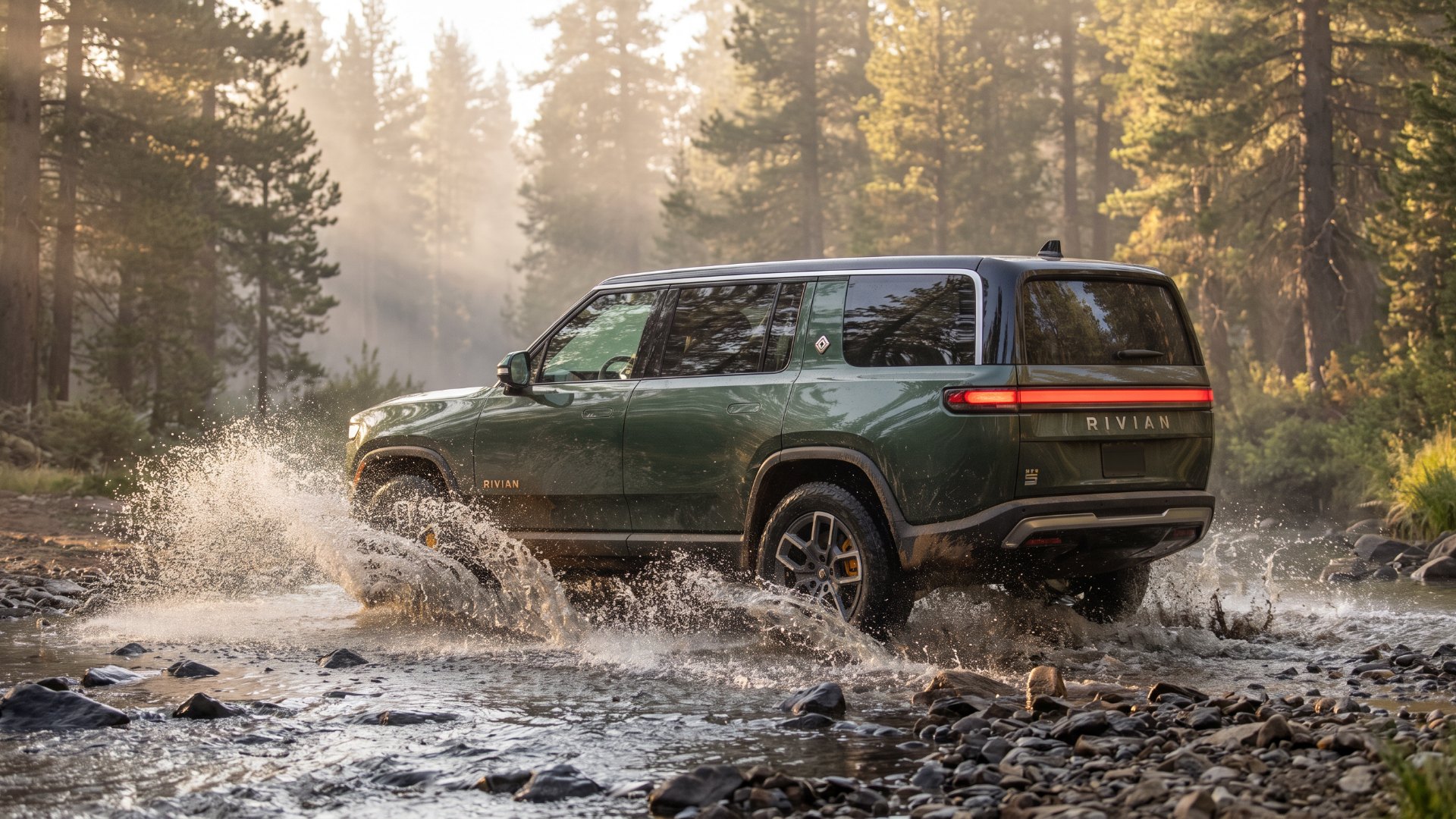 Green Rivian R1S driving through a shallow river on a forest trail, throwing up spray in morning light