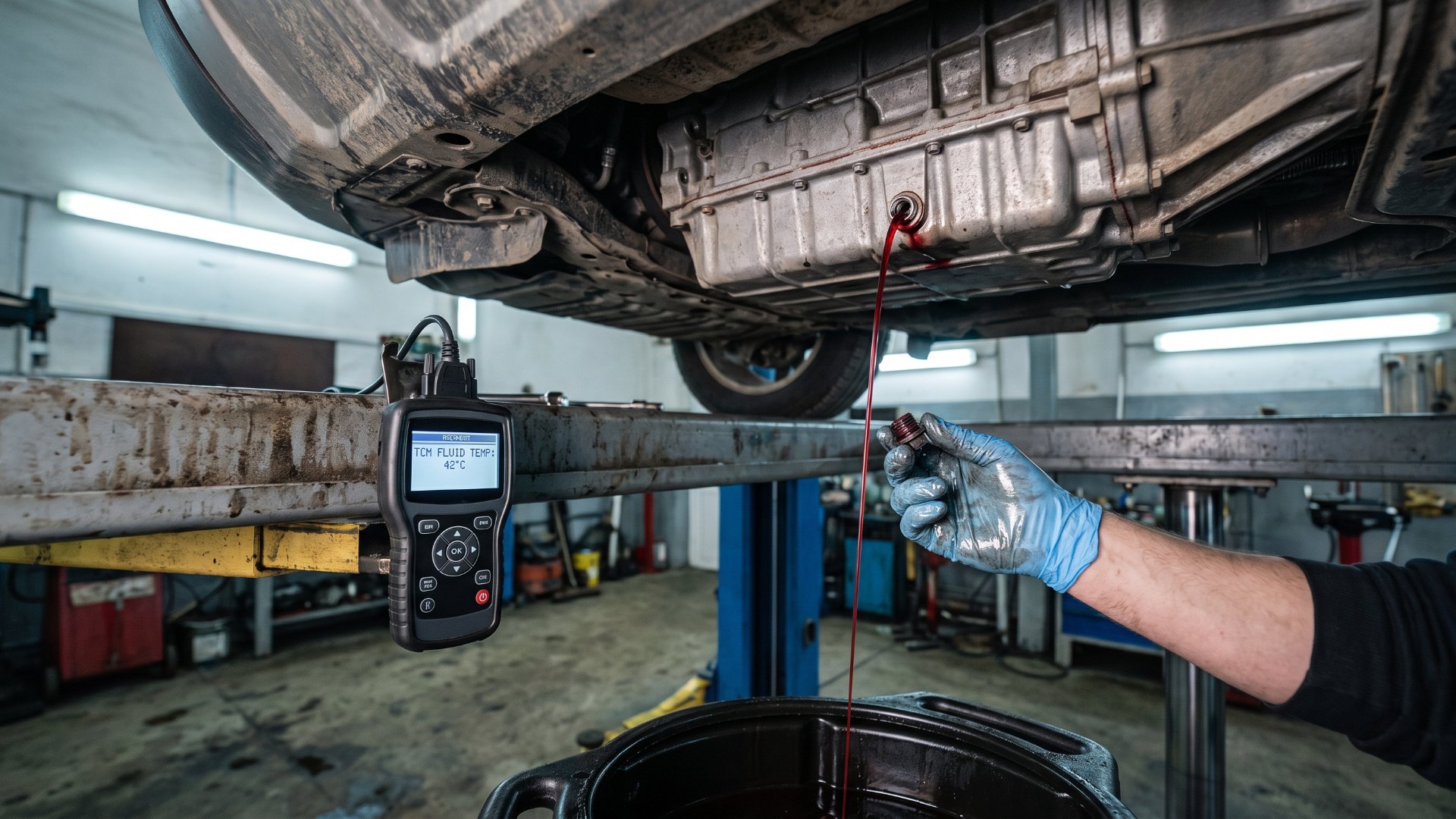 Technician checking automatic transmission fluid at the fill plug while a scan tool shows fluid temperature