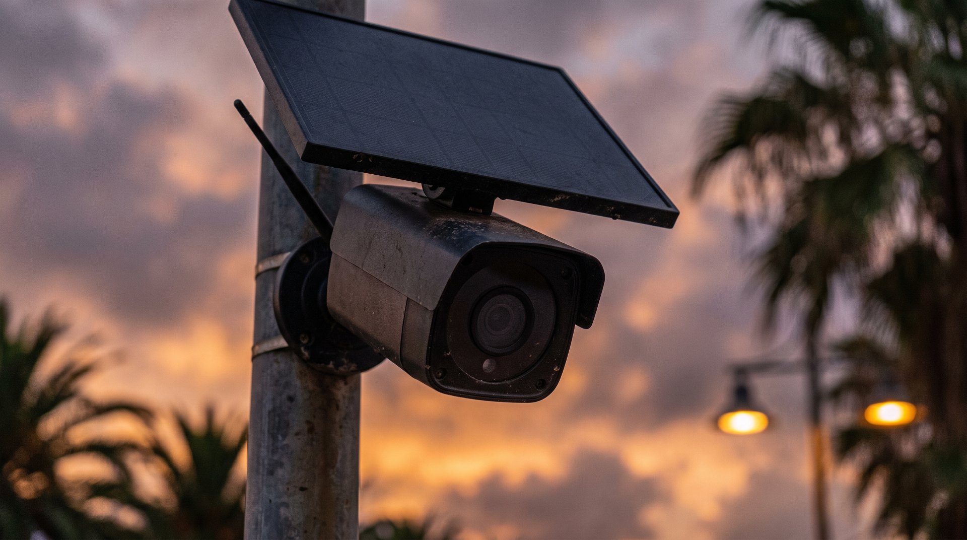 Close-up of a small matte black roadside automated license plate reader camera with solar panel and antenna against a dusk sky