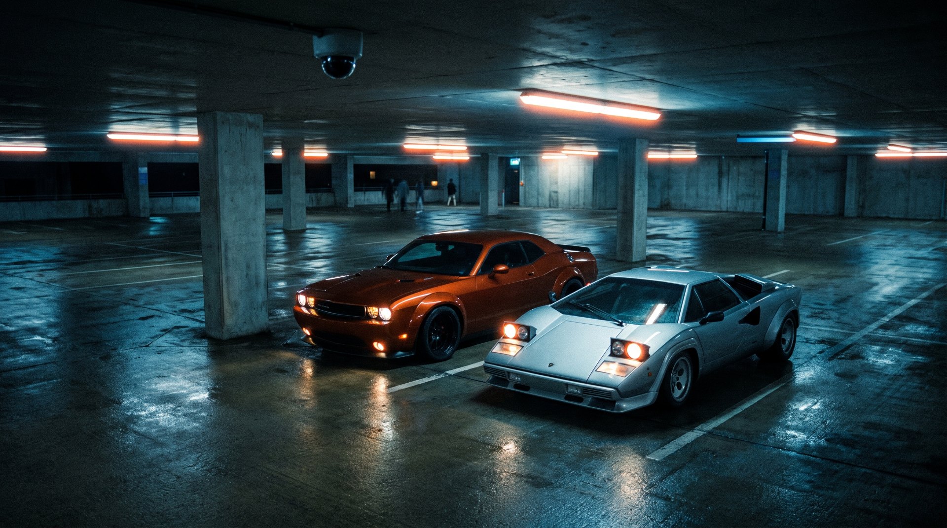 Two sports cars parked at night in a concrete parking structure with a dome surveillance camera mounted on the ceiling above them
