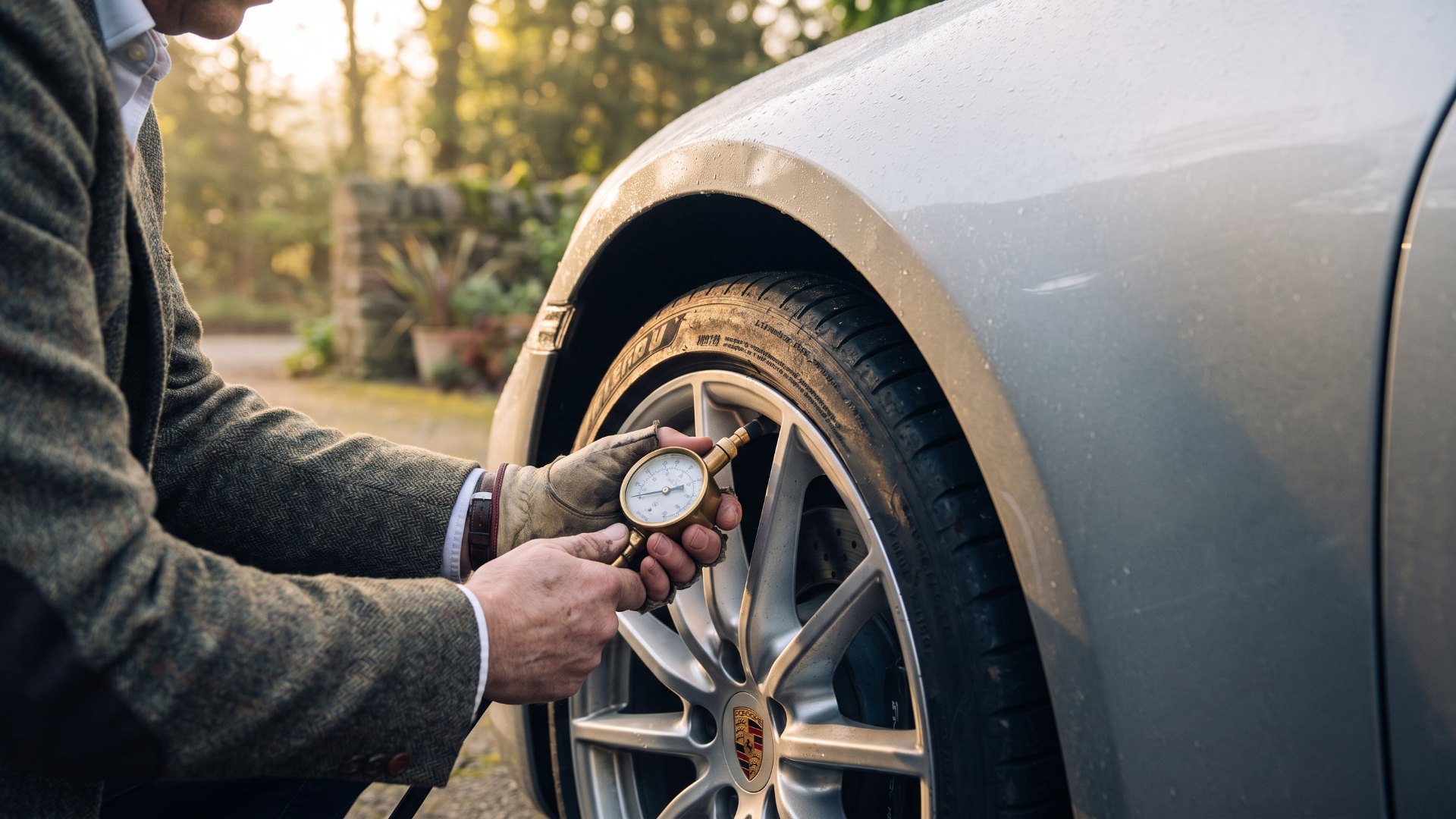 Owner checking a Porsche 911 front tire with an analog pressure gauge