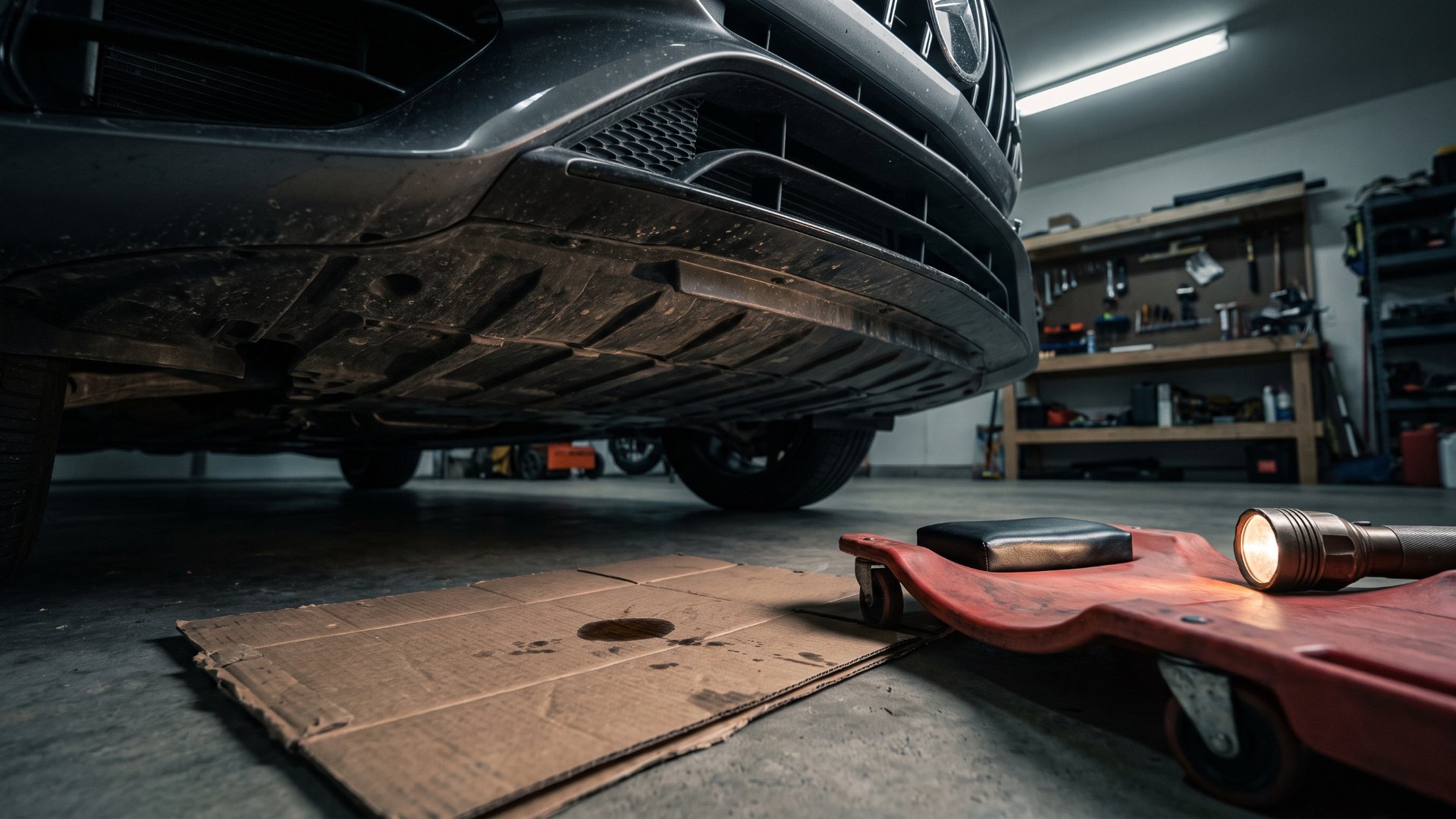 Aerodynamic undertray beneath a Mercedes-AMG sedan, with a small oil spot on cardboard below