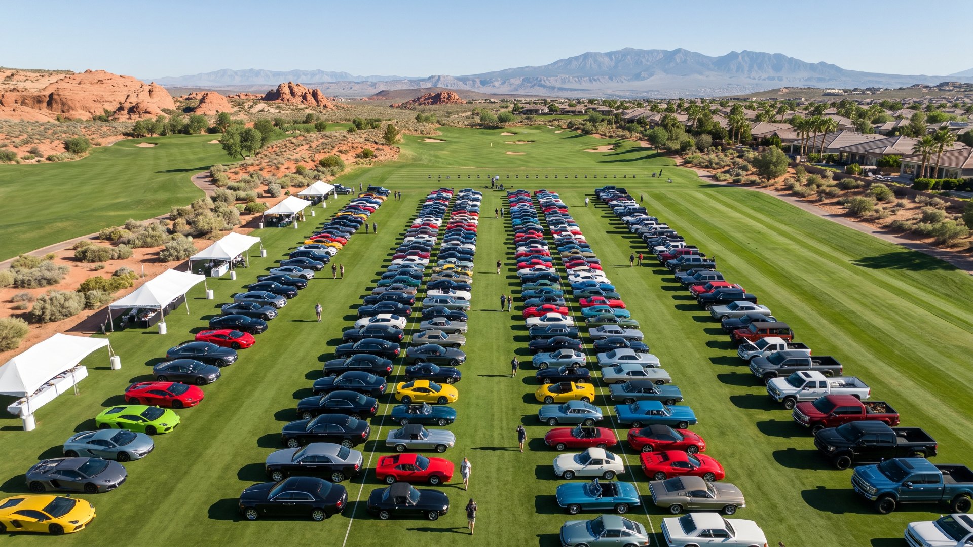 Illustration of the Vegas AUTOFEST 2026 setting: long rows of exotic, classic and modern cars across a golf course fairway and driving range
