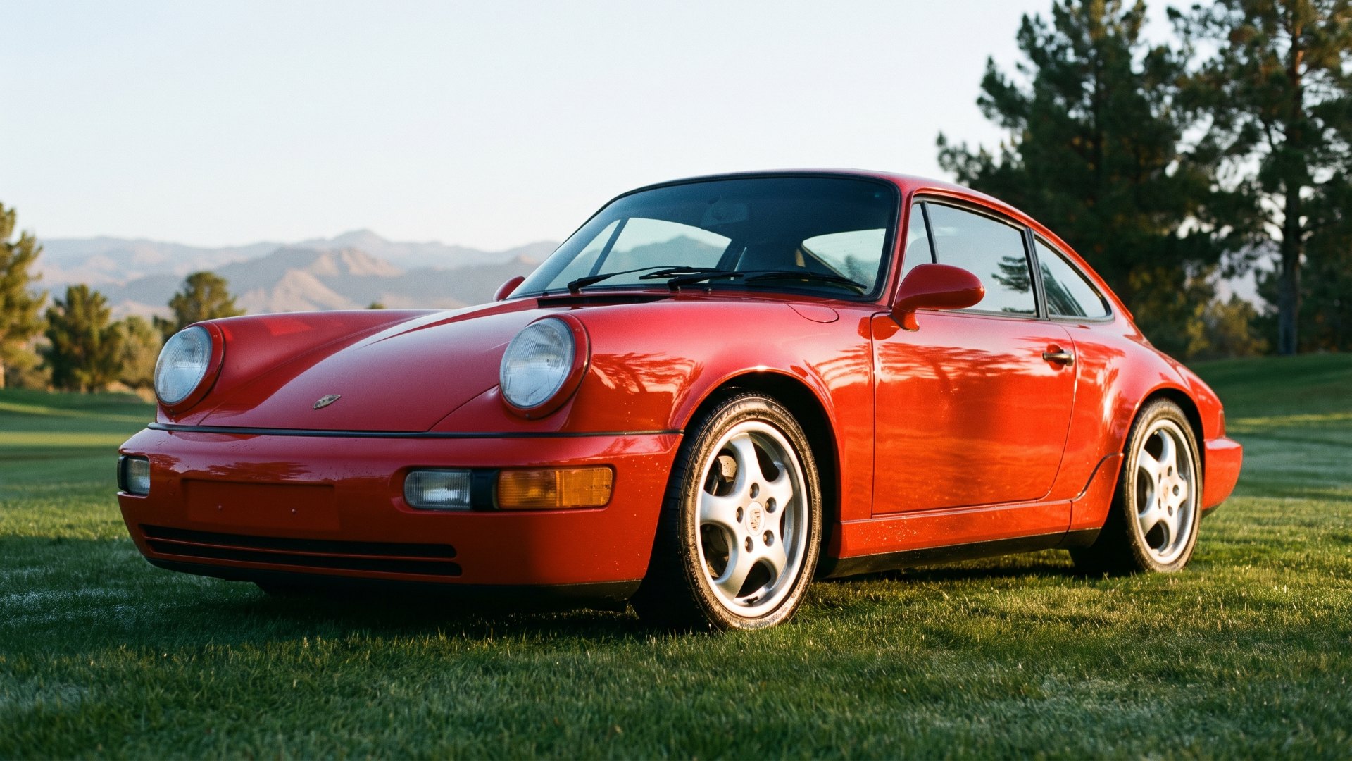 An air-cooled 1990s Porsche 911 on golf course grass, the kind of car a Vegas AUTOFEST 2026 field draws