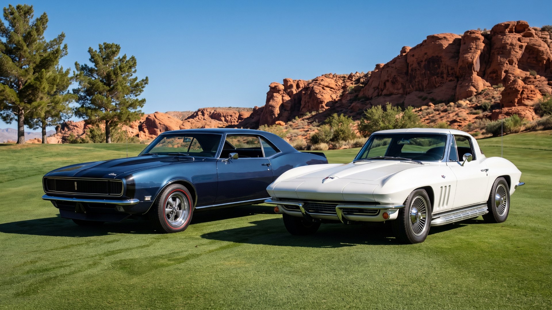 A dark blue late-1960s American muscle coupe and a white mid-1960s American sports coupe displayed side by side on golf course grass