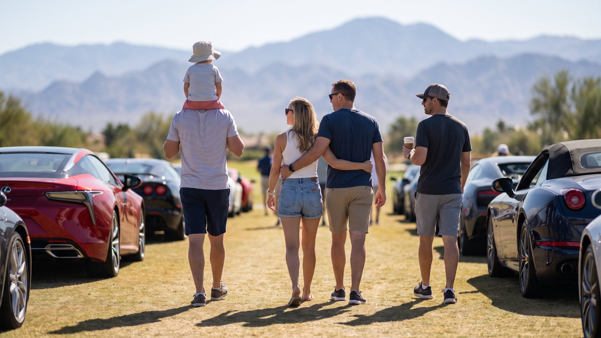 Illustration of the Vegas AUTOFEST 2026 spectator experience: people walking a grass aisle between parked exotic cars