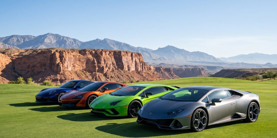 A row of modern supercars parked on manicured golf course fairway grass with red sandstone cliffs and the Spring Mountains behind them