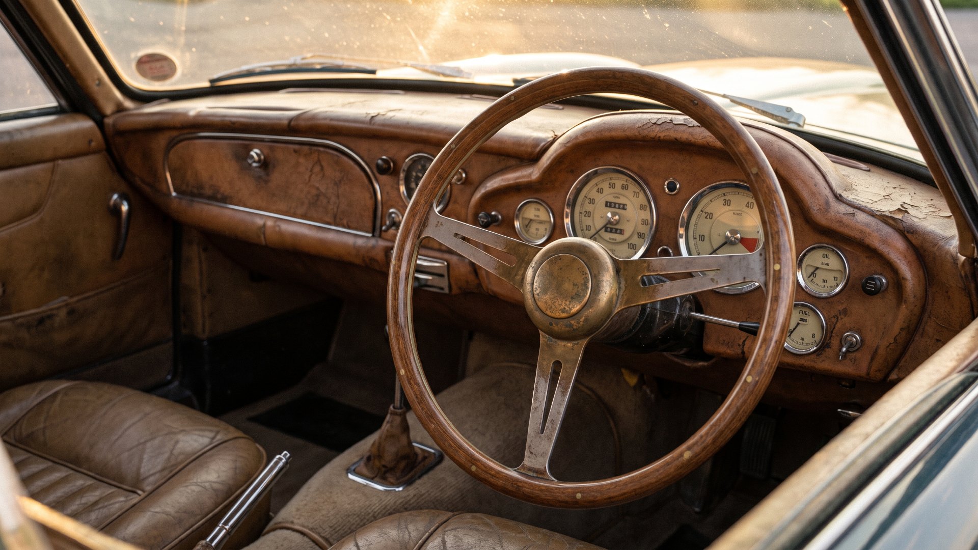 A patinated vintage car interior showing analog gauges and a wood-rim steering wheel