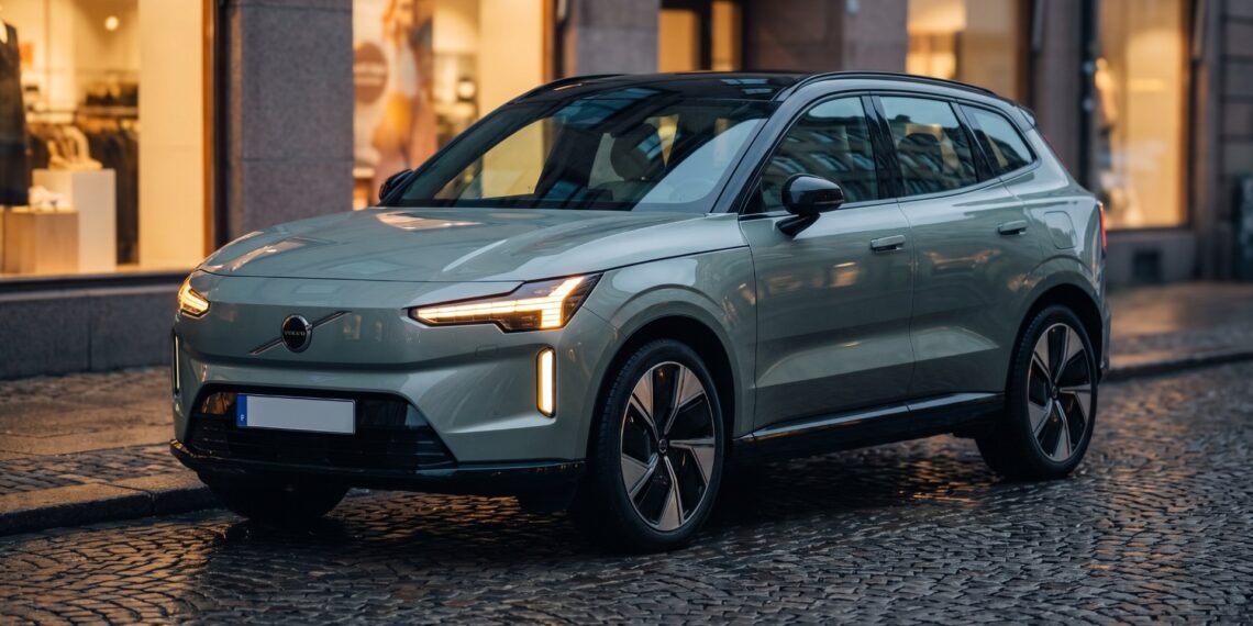 Sage-grey Volvo EX60 electric SUV parked on a wet cobblestone street at dusk
